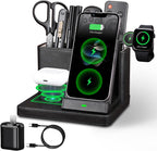 Desk Organizer with Phone Charger,Nightstand Desktop Organizer,Office Supplies Desk Accessories,Pen Holder Remote Control Holder,Black Leather Organizer With Charging Station (black)