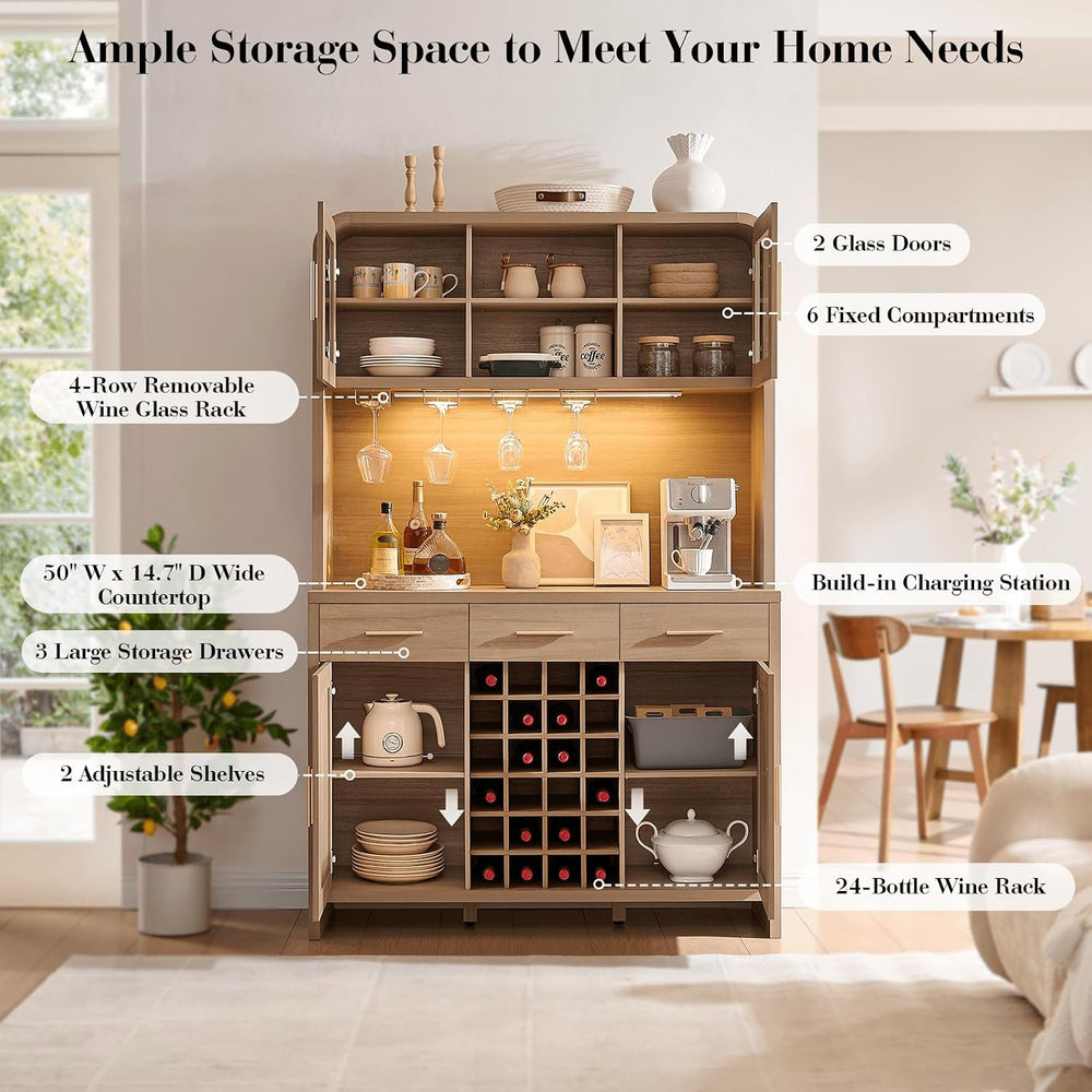 77" Tall Pantry Cabinet & Coffee Bar Cabinet with Storage,Natural Oa...