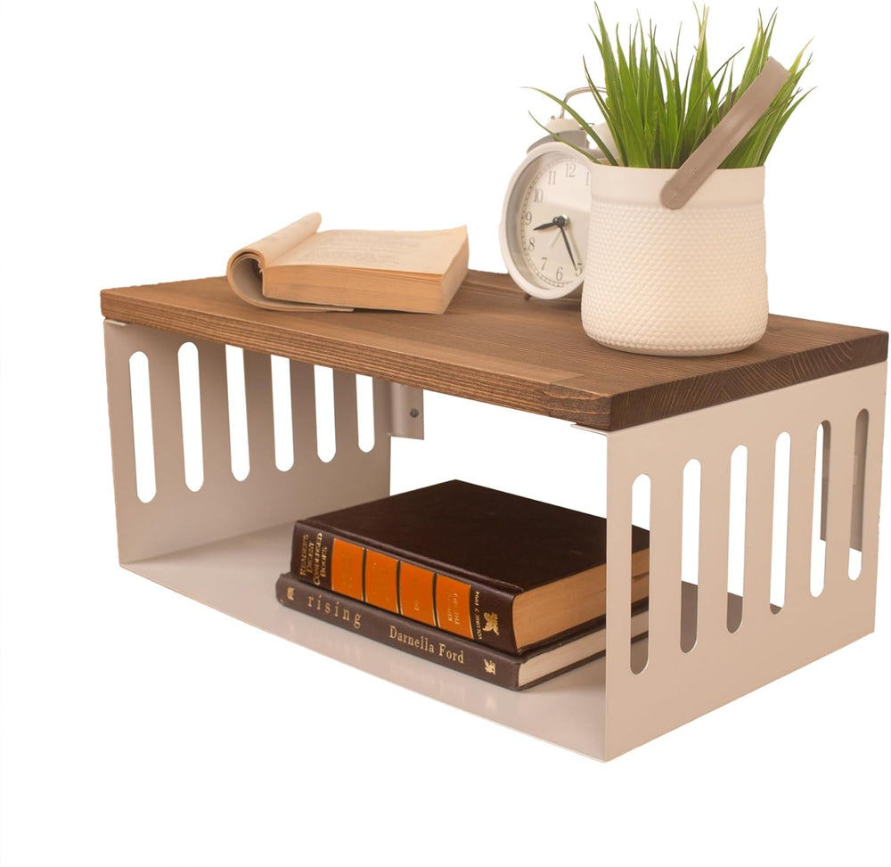 Floating Nightstand with White Metal Base, Wooden Top and Sturdy Metal Base, ...