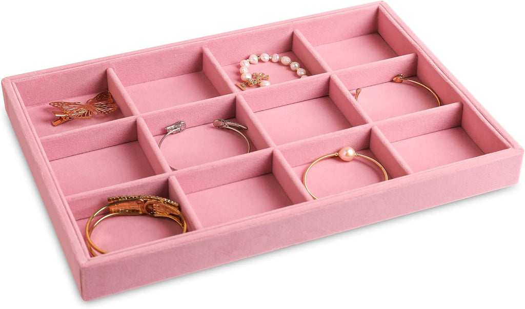 Frebeauty Stackable Velvet Jewelry Organizer Trays for Drawers Inserts Jewelry Storage Tray Display Case, Stud Earrings Bracelets Necklace Rings Accessories Trays for Women(Set of 2)(Pink)