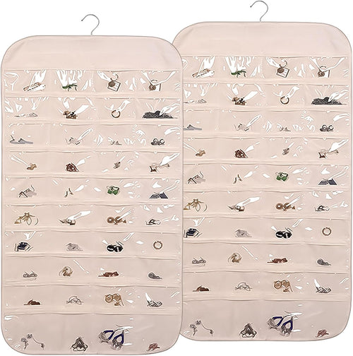 2PCS Hanging Jewelry Organizer Double Sided Necklace Storage Holder with 80 Clear Pockets Portable Necklace Holder Jewelry Bag for Earrings Necklace Bracelet