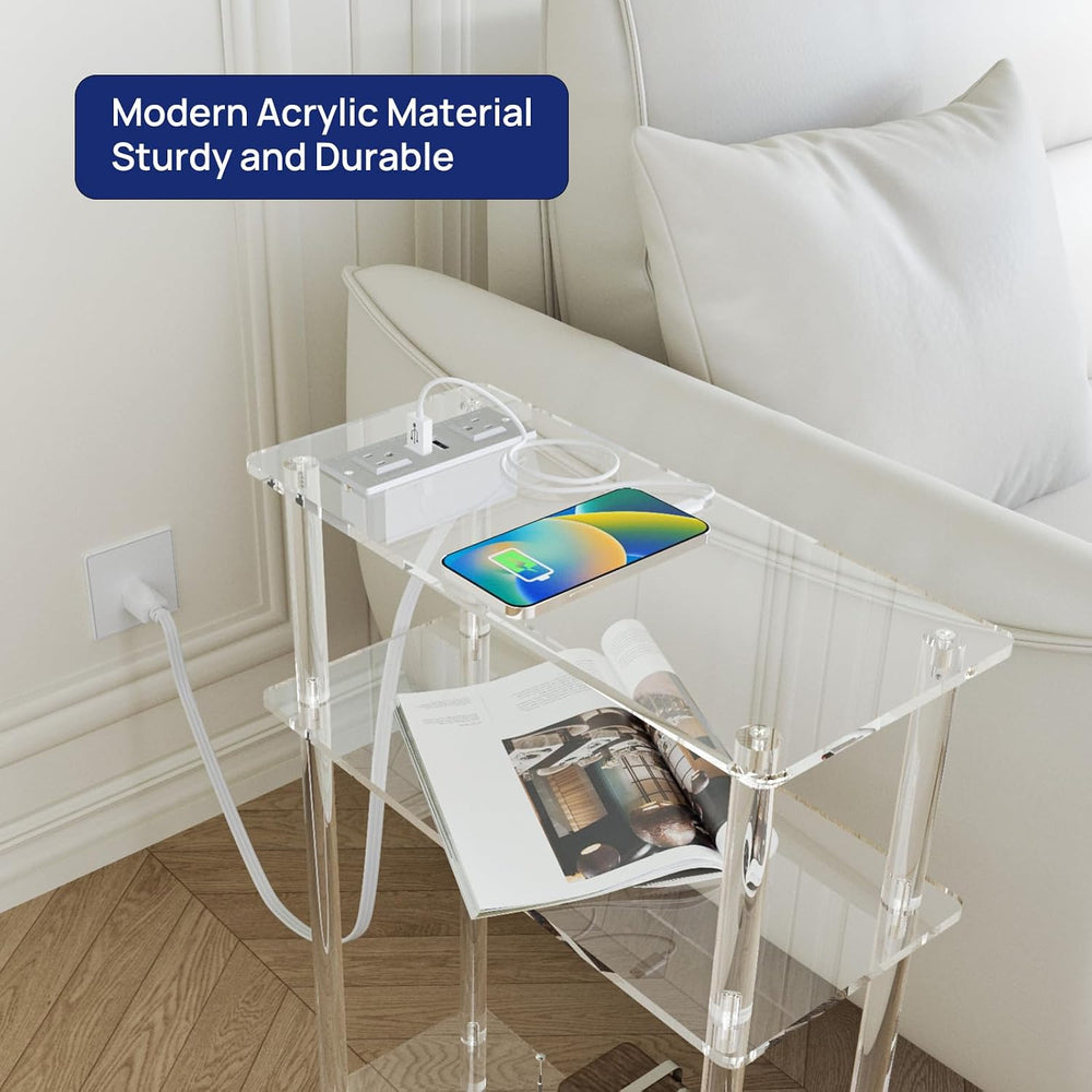 HMYHUM Acrylic Narrow Side Table with Charging Station, 7" Width, 3 Tier...