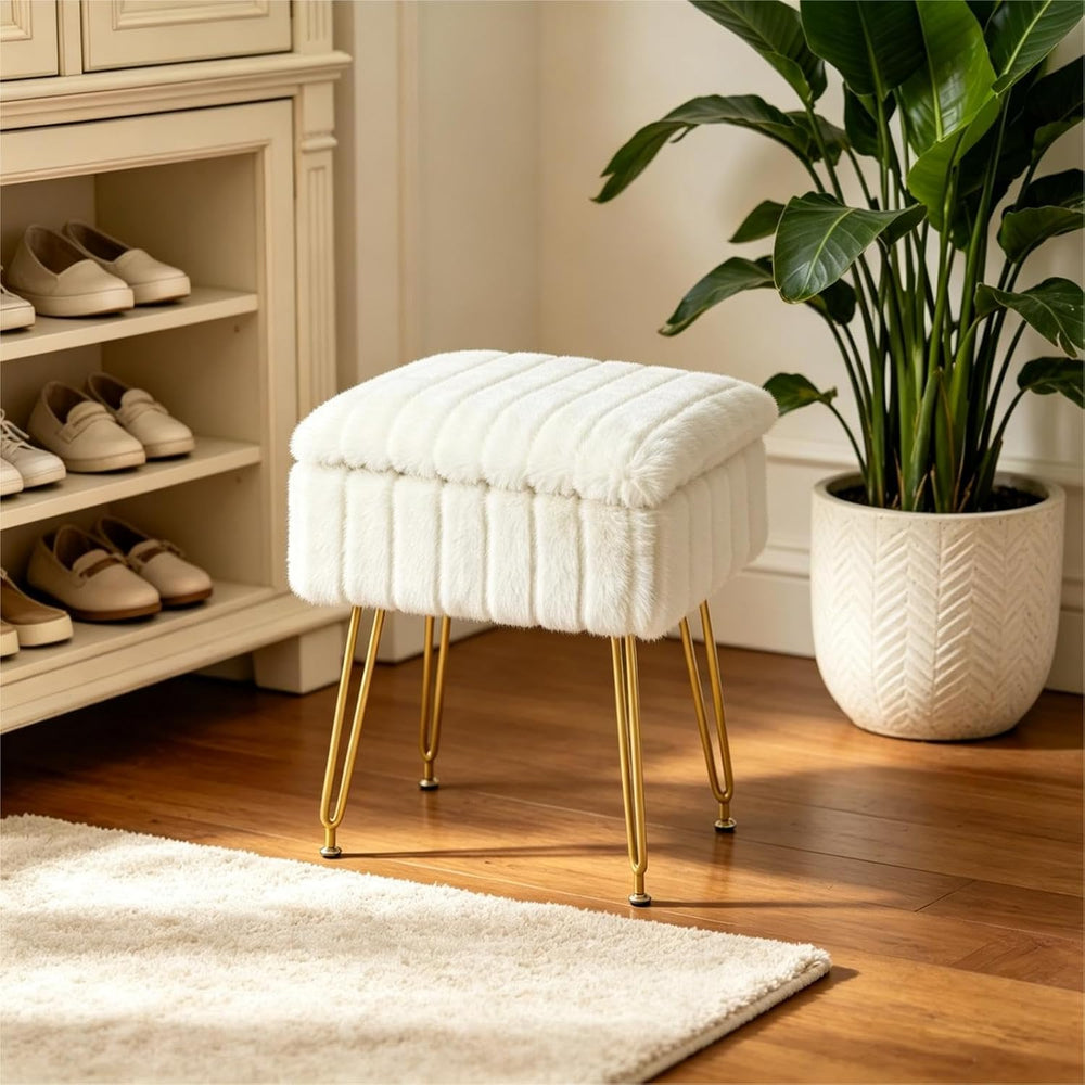 FUXA Vanity Stool Chair with Storage, Faux Fur and Metal Legs, White | Soft P...
