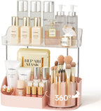 Rotating Makeup Organizer w/Makeup Brush Holder, 2 Tier Bathroom Countertop Organizers, Large Cosmetic Organizer Countertop, Vanity Organizers and Storage for Skincare, Lotion, Lipstick -Pink