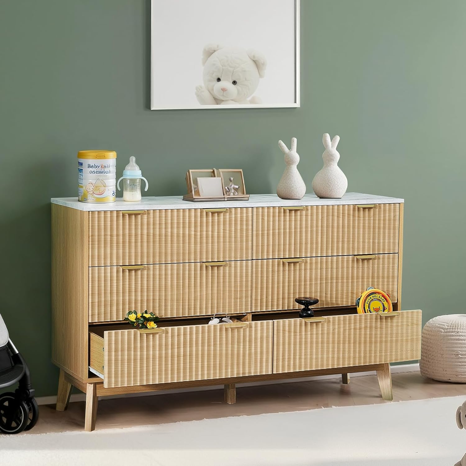 VEVOR Fluted 6 Drawer Dresser, 54" Wide Chest of Drawers with Faux Marble Top, Modern Dresser TV Stand, Wooden Closet Clothes Storage Organizer for Bedroom, Living Room, Hallway, Entryway, Natural Oak