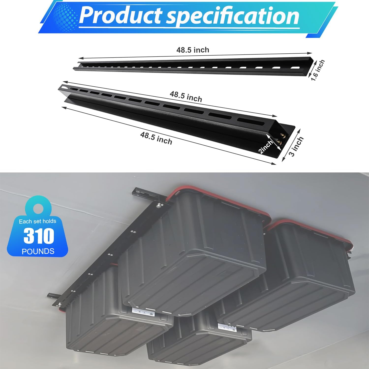 Overhead Garage Storage Racks, Adjustable Ceiling Tote Storage Rails, Heavy Duty Garage Organizer Hanging Storage Rack for Most Storage Bins/Totes, 48" x 48"