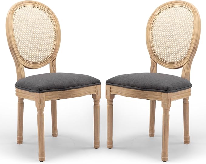 Rattan Back Upholstered Dining Chairs Set of 2 French Country Oval Kitchen Side Chairs with Wood Legs for Dining Room, Kitchen, Restaurant(Dark Grey-Rattan)