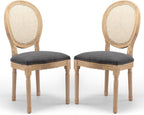 Rattan Back Upholstered Dining Chairs Set of 2 French Country Oval Kitchen Side Chairs with Wood Legs for Dining Room, Kitchen, Restaurant(Dark Grey-Rattan)