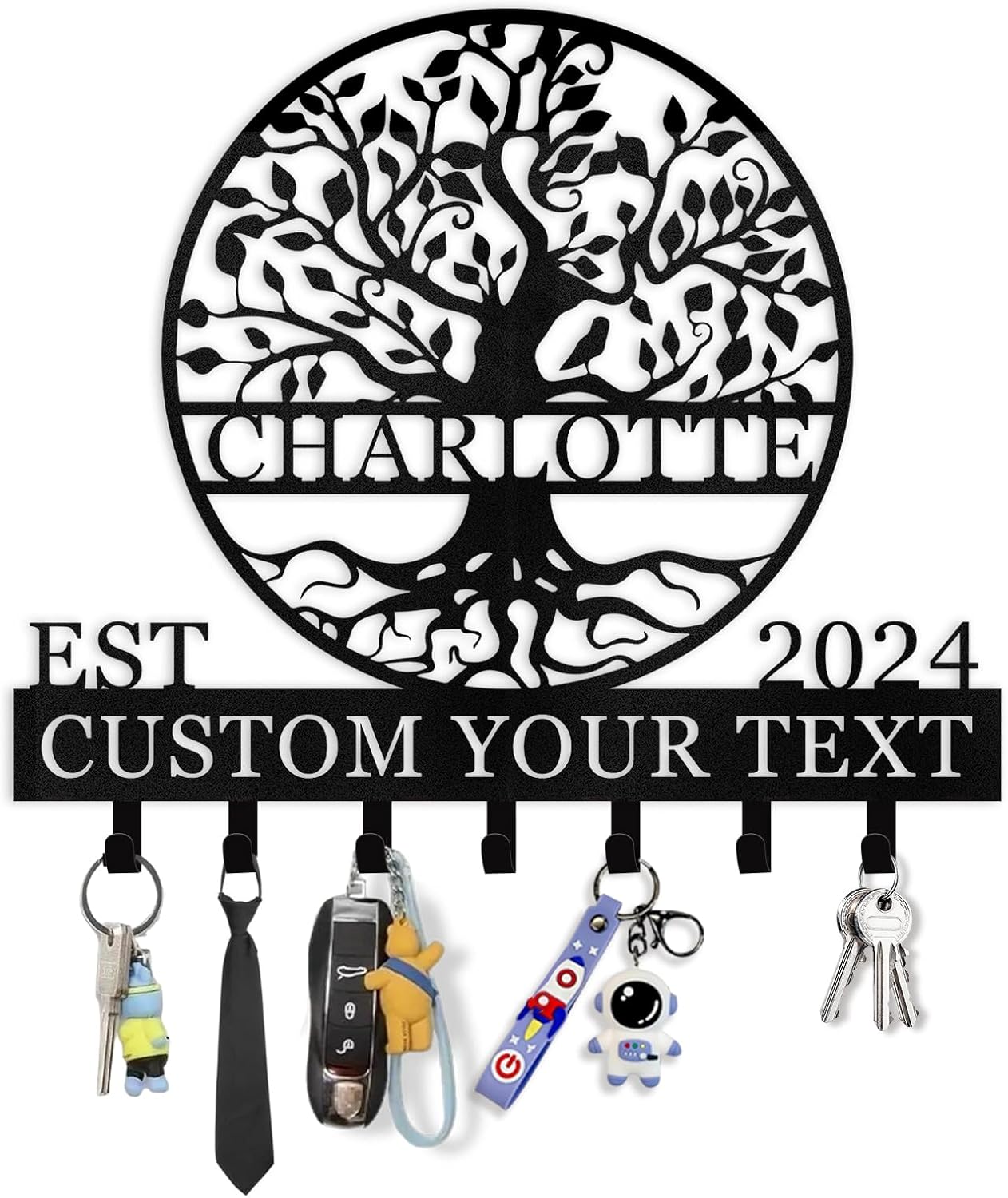 Personalized Key Holder Wall Mount - Custom Name Tree of Life Key Holder for Wall, Metal Key Rack Coat Rack for Front Door, Living Room, Kitchen, Housewarming Wedding Gift