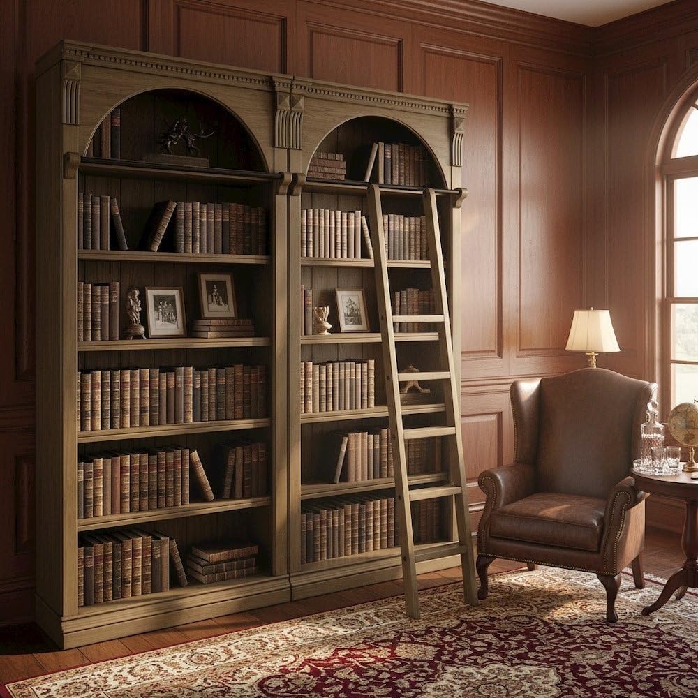 Starlight Canyon Home 8-Foot Tall Wood Bookcase Wall System, Decorative Ladder, Four Adjustable Shelves, Fixed Stability Shelf, Storage, Warm Brown