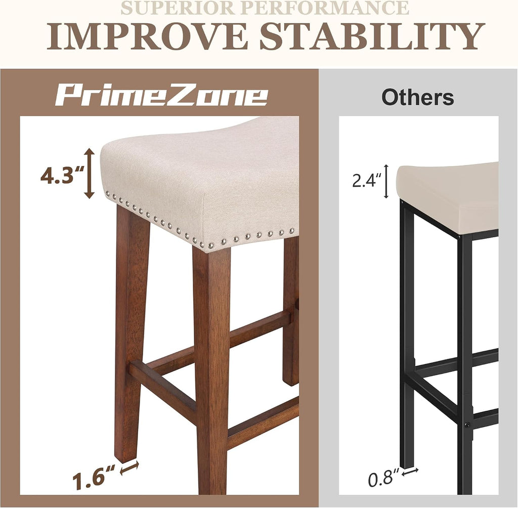 PrimeZone 26 Inch Solid Wood Saddle Backless Bar Stools Set of 2, Beige | Counter Height Barstools with Footrest & Nailhead Trim, Modern Farmhouse Upholstered Linen Counter Stools for Kitchen Island