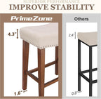 PrimeZone 26 Inch Solid Wood Saddle Backless Bar Stools Set of 2, Beige | Counter Height Barstools with Footrest & Nailhead Trim, Modern Farmhouse Upholstered Linen Counter Stools for Kitchen Island