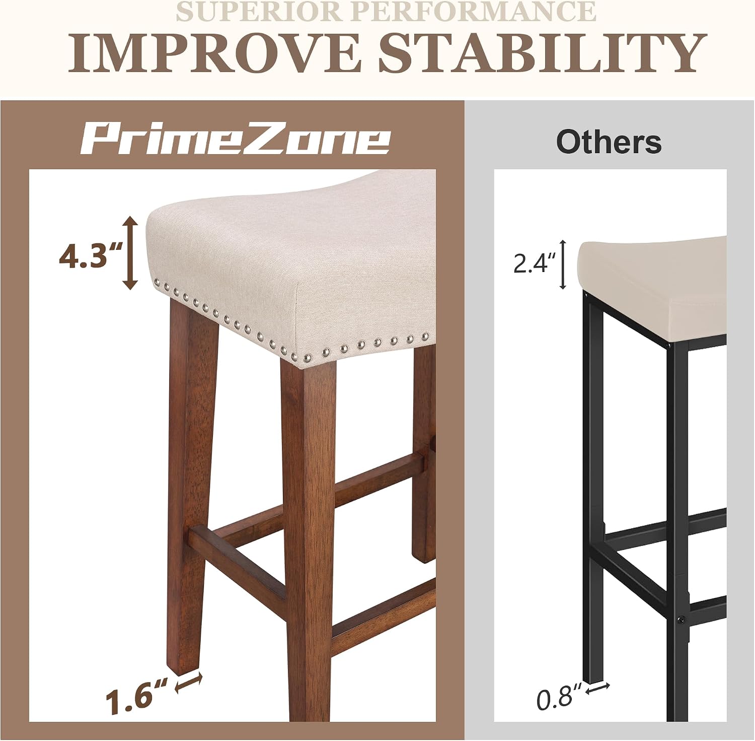 PrimeZone 26 Inch Solid Wood Saddle Backless Bar Stools Set of 2, Beige | Counter Height Barstools with Footrest & Nailhead Trim, Modern Farmhouse Upholstered Linen Counter Stools for Kitchen Island