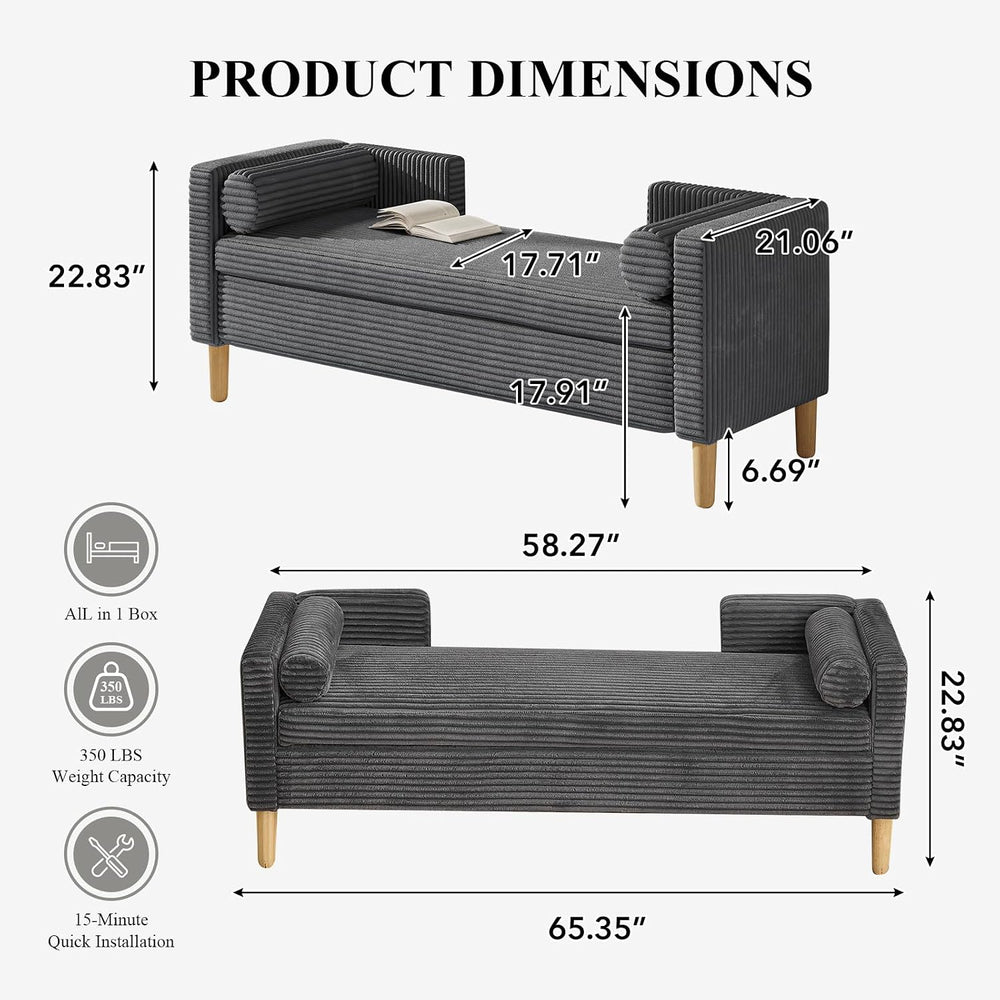 65.35" Storage Bench, Corduroy Upholstered End of Bed Bench with Bolster...