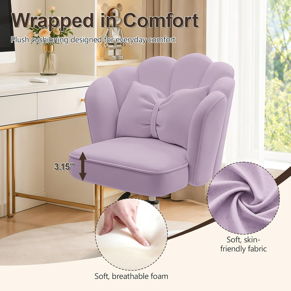 Vanity Chair with Wheels Velvet Petal Desk Chair Upholstered Tufted Home Offi...
