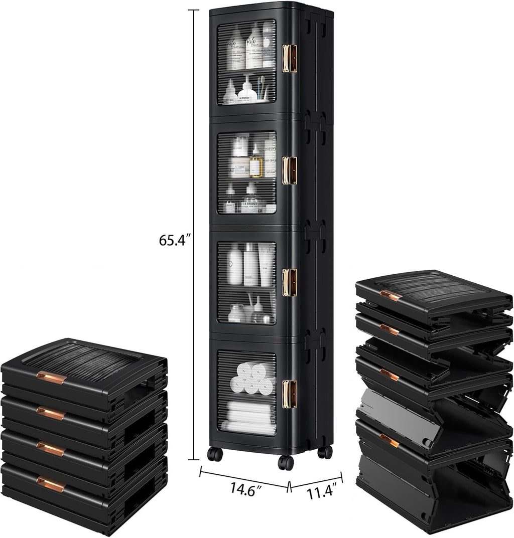 VECELO 4-Tier Tall Narrow Storage Cabinet with Movable Wheels, Adjustable Shelves, Anti-Tip, Slim, for Small Space, Bathroom, Kitchen, Laundry, Black