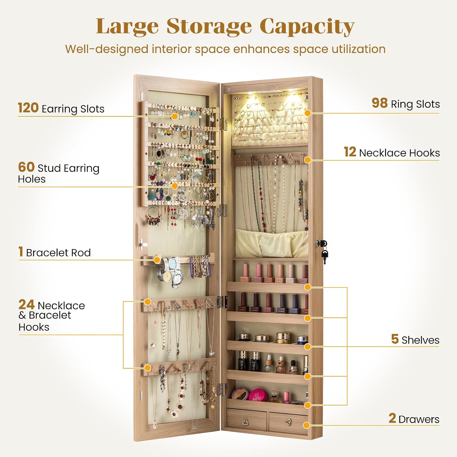 NAFORT 2 LEDs Full Length Mirror with Jewelry Armoire, Jewelry Organizers and Storage with 2 Mounting Options, 47.5”H Jewelry Cabinet with 2 Drawers, Make up & Lockable Jewelry Box, Natural Wood