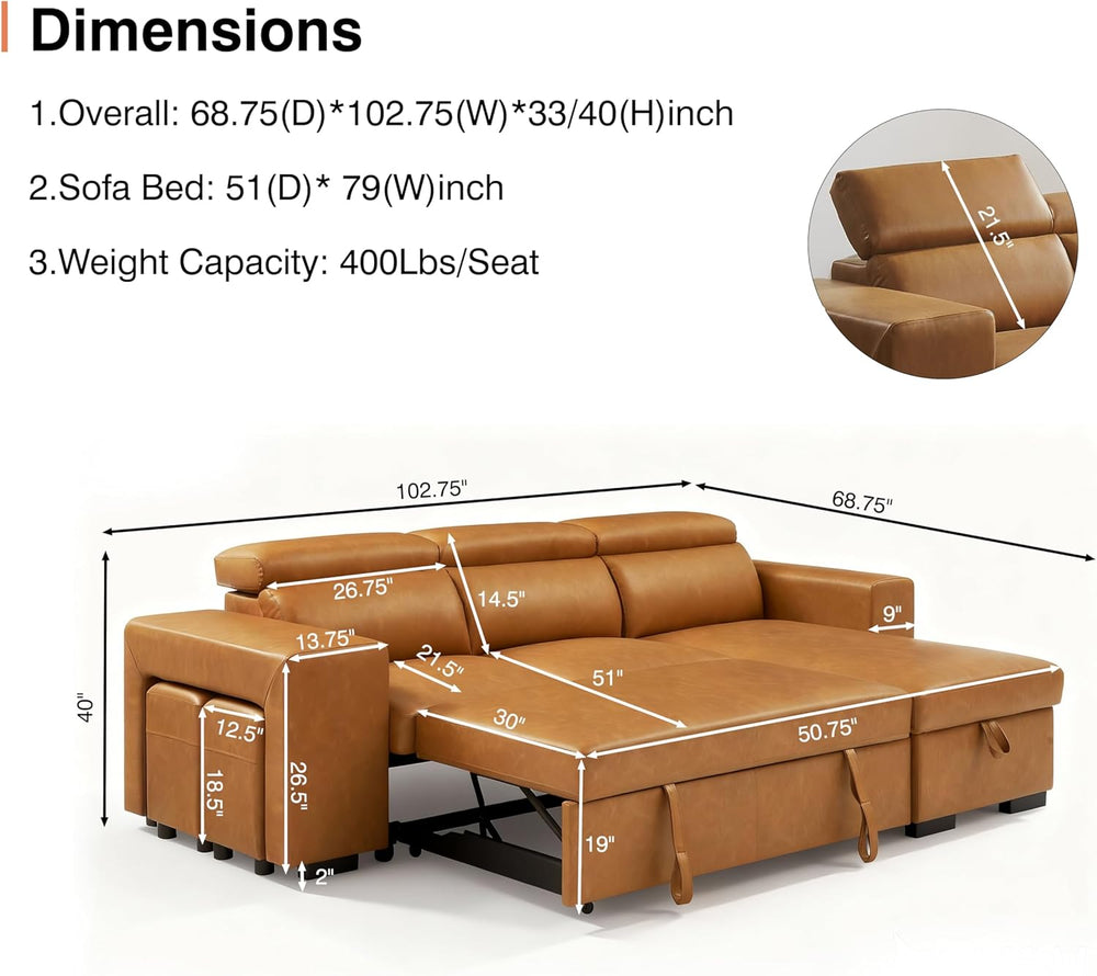 THSUPER 102'' Leather L Shaped Sectional Sleeper Sofa with Pull Out B...