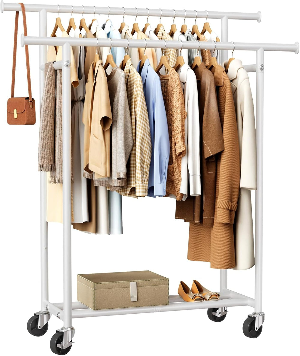 HYSEYY Clothes Rack, Double Rods Rolling Clothing Rack for Hanging Clothes, P...