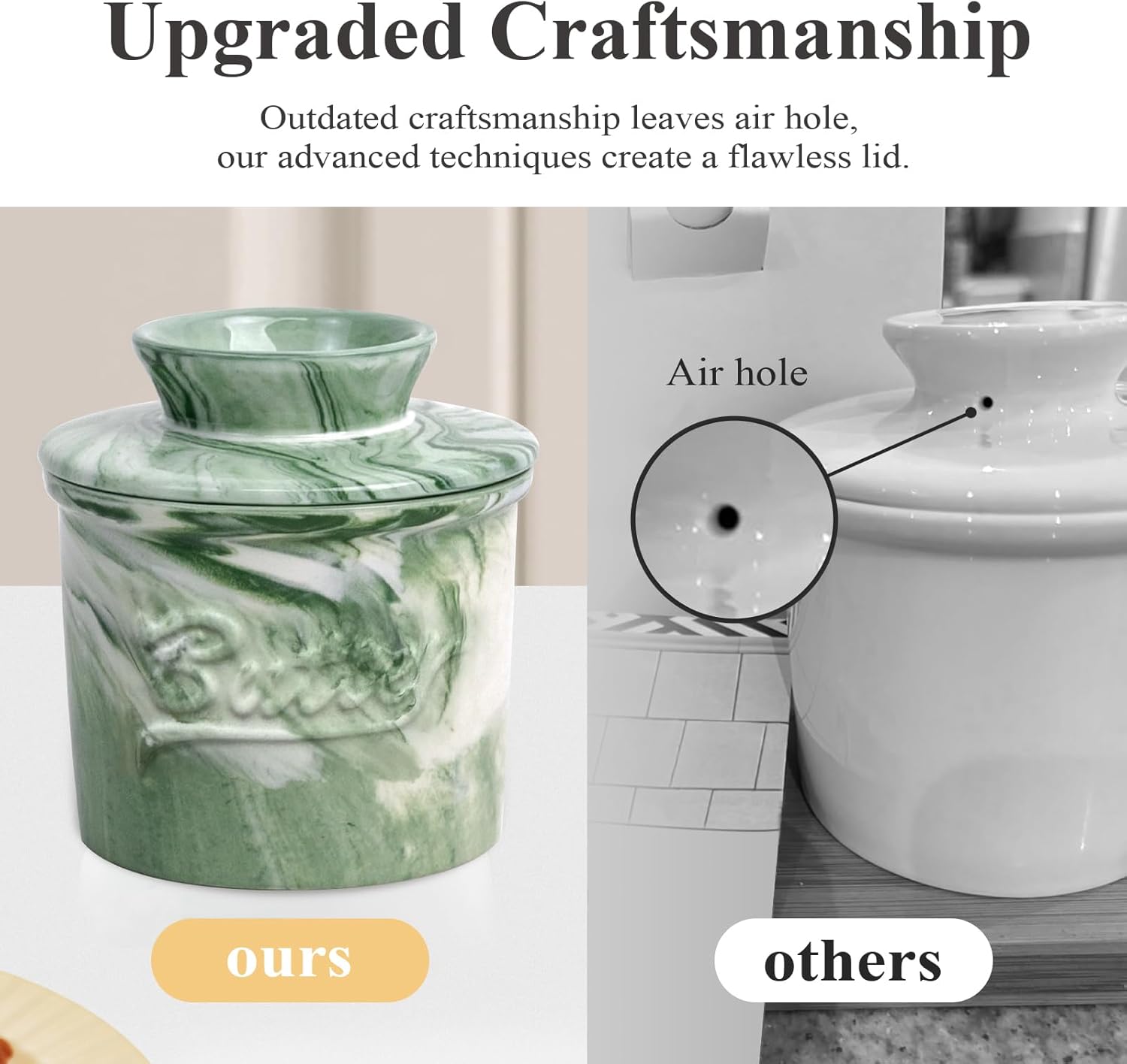 Ceramic Butter Crock with Lid & Spreader Knife, Butter Keeper - Ideal Butter Storage & Countertop Butter Dish (Marble Green with Marble Green Knife, M)