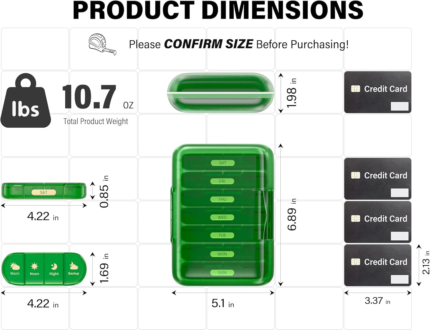 Weekly Pill Organizer 4 Times a Day, 7 Day Pill Box 4X, Portable for Travel Pill Case for Pills/Vitamin/Fish Oil/Medication/Supplements (4x7 Green)