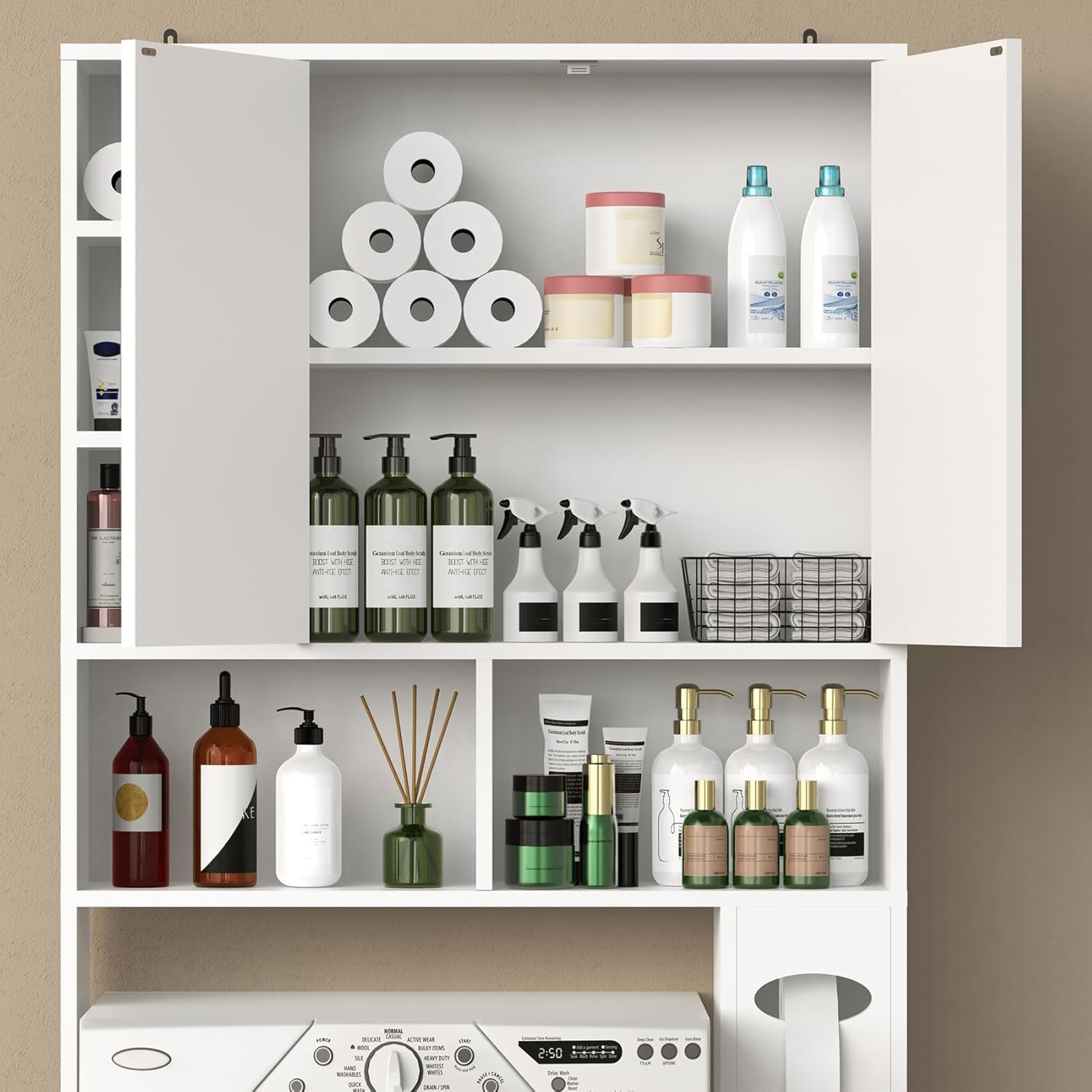 Winkalon Over The Toilet Storage Cabinet with 2 Barn Doors and Adjustable Shelves, Freestanding Toilet Shelf Organizer with Toilet Paper Holder, Space Saver for Bathroom, Restroom, Laundry