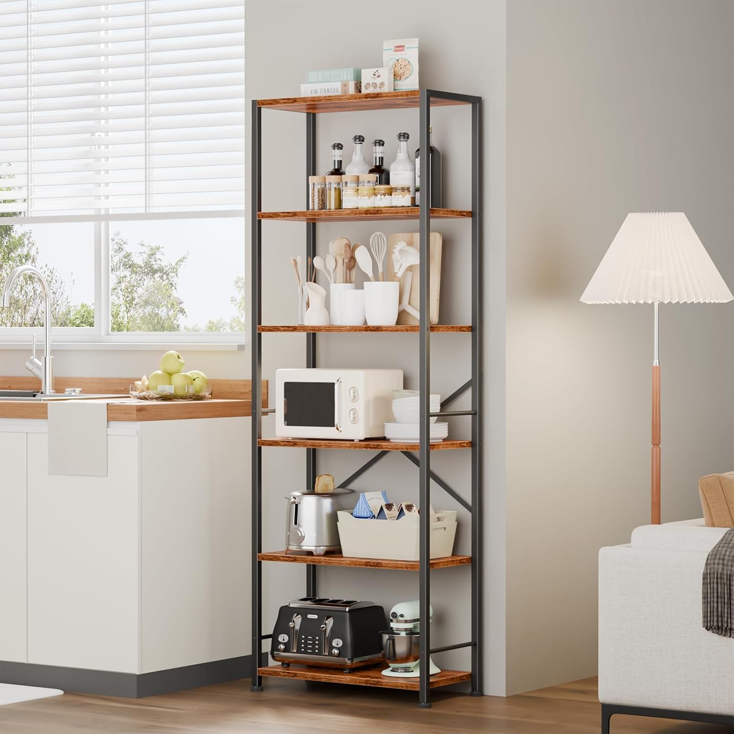 Furologee 6 Tier Book Shelf Set of 2, Tall Wide Bookshelf, Rustic Brown | 20'' Wide Industrial Storage Shelves with X Crossbar, Shelving Units for Bedroom, Kitchen, Office, Set of 2