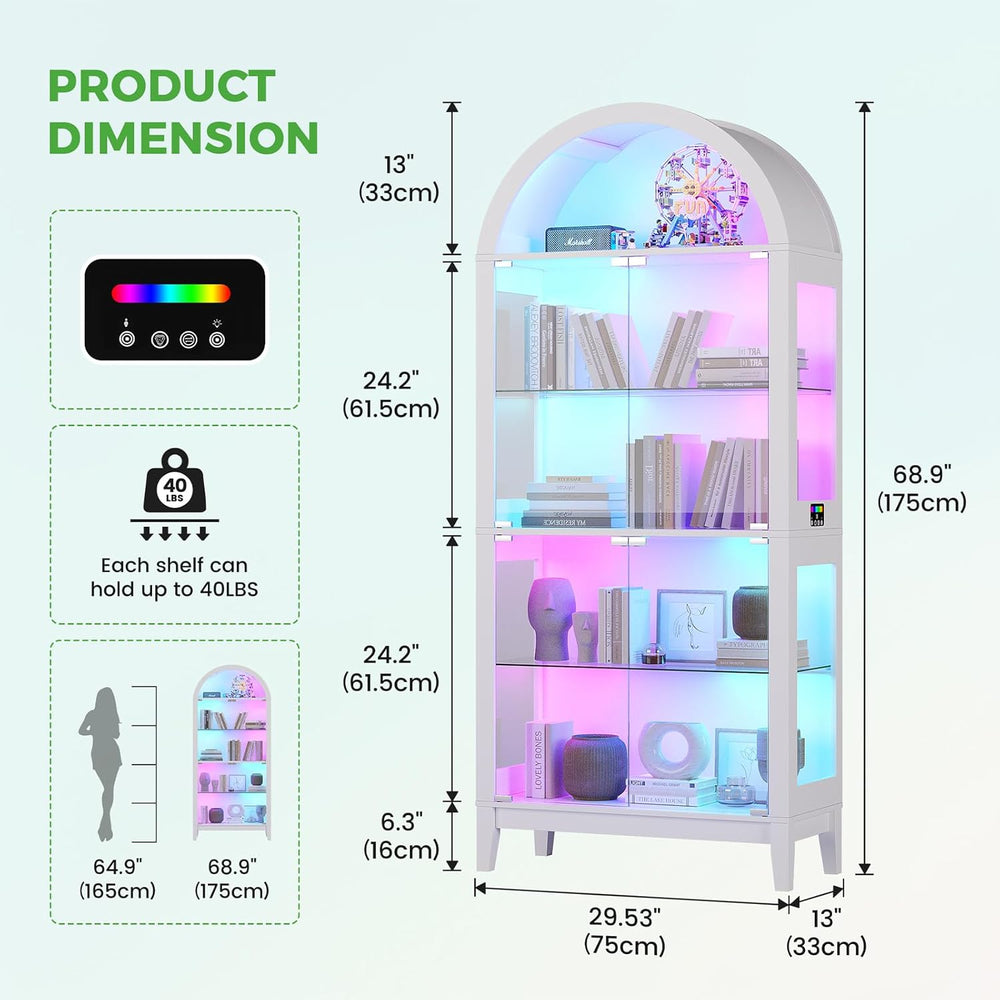 HNEBC Arched Display Case with RGB Lights, 69" Tall 5-Tier Tempered Glas...