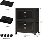 Storage Bins with Lids and Wheels, Collapsible Bathroom Storage Cabinet with Clear Doors, Plastic Stackable Closet Organizers and Storage Containers Black 199 QT