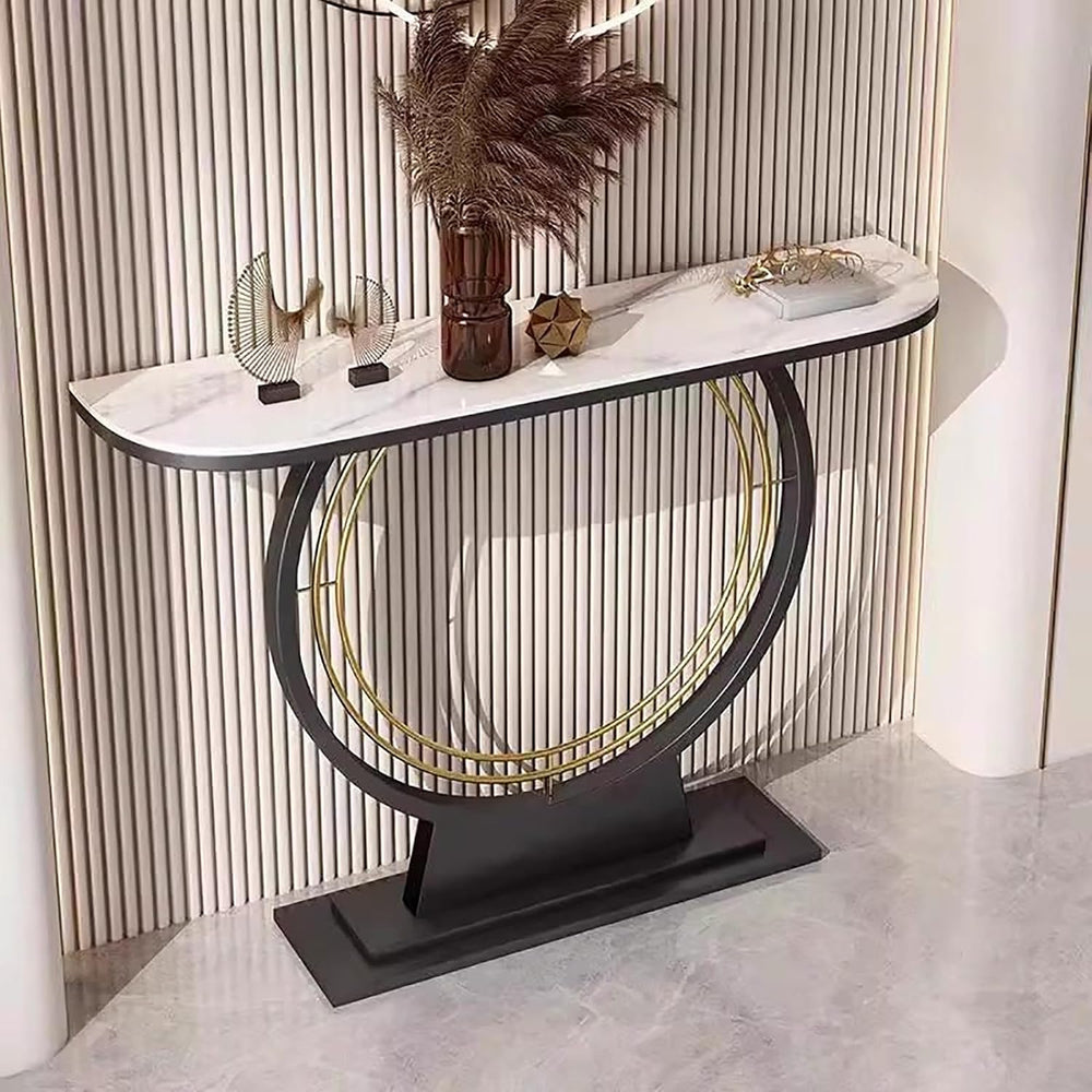 Console Sofa Table with Rock Panel, Contemporary Accent Table with Metal Fram...