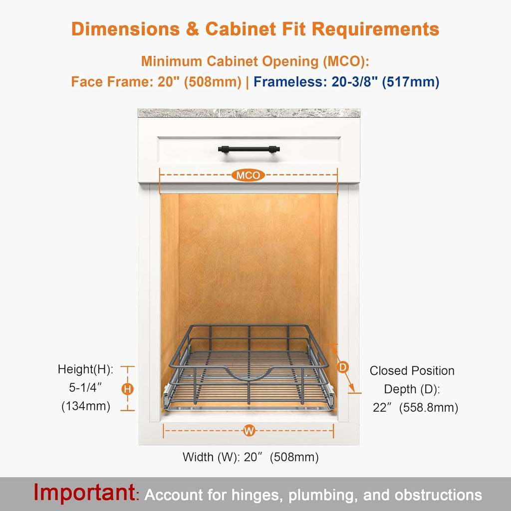 ALINE FURNITURE Pull Out Shelves - 20" W x 22" D Soft Close Pull Out Cabinet Organizer 1 Tier - Slide Out Drawers with Shelf Liner, Heavy Duty Steel Wire Baskets for Kitchen Cabinets, Pantry, Bathroom