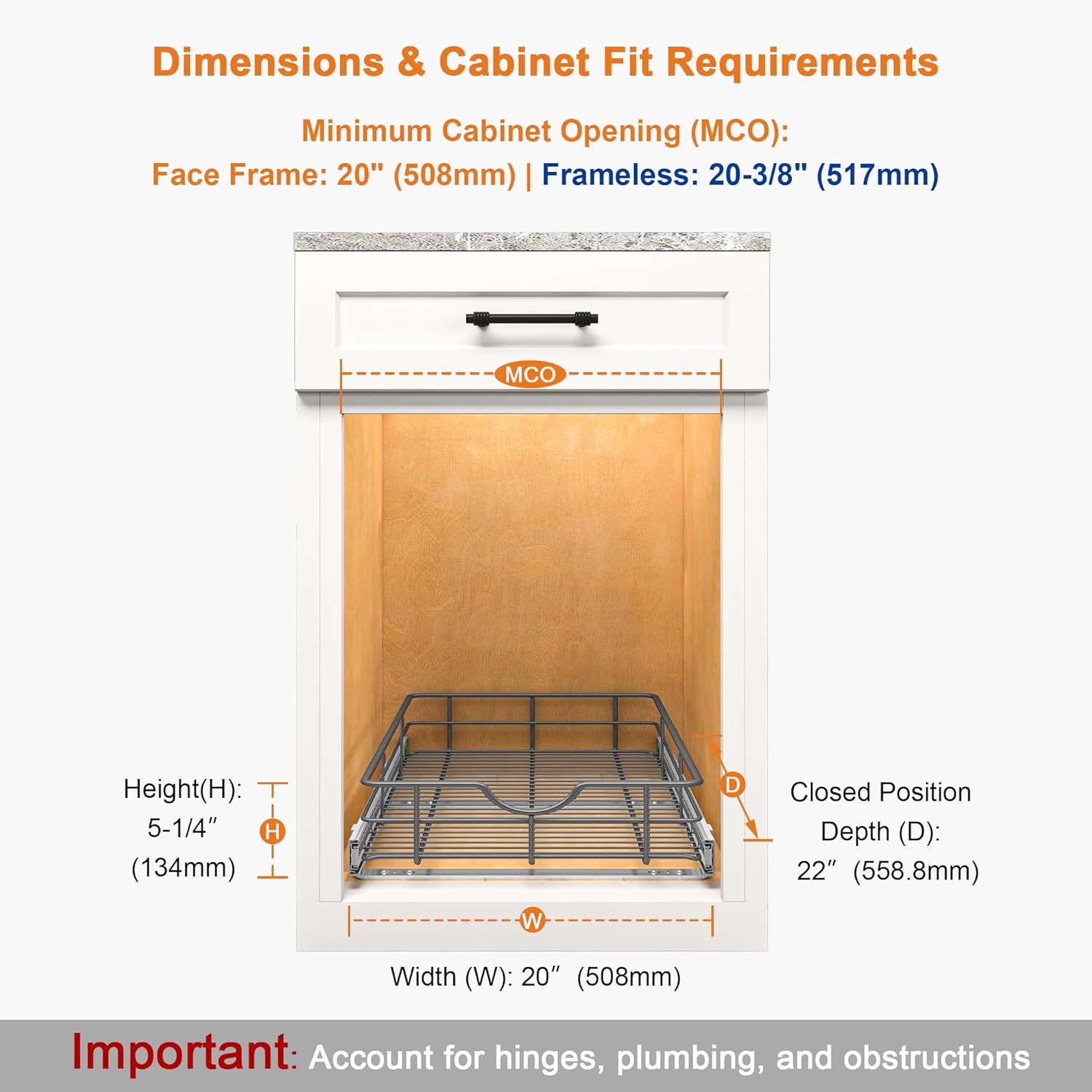 ALINE FURNITURE Pull Out Shelves - 20" W x 22" D Soft Close Pull Out Cabinet Organizer 1 Tier - Slide Out Drawers with Shelf Liner, Heavy Duty Steel Wire Baskets for Kitchen Cabinets, Pantry, Bathroom