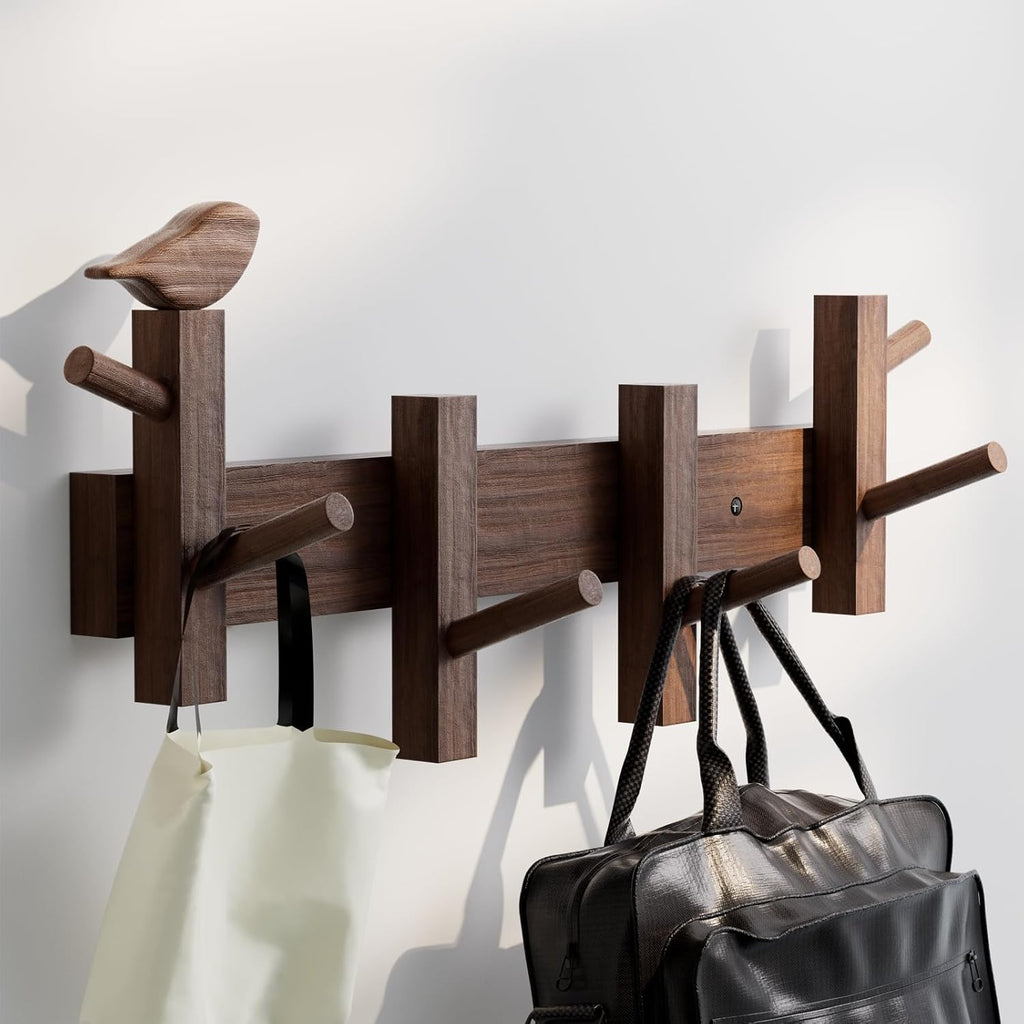 Coat Rack Wall Mount，Solid Acacia Wall Mounted Coat Rack with 4+2 Heavy Duty Wall Hooks for Hanging Coats，Backpacks，Towels，etc. Coat Hooks Wall Mount for Entryway, Bathroom,etc