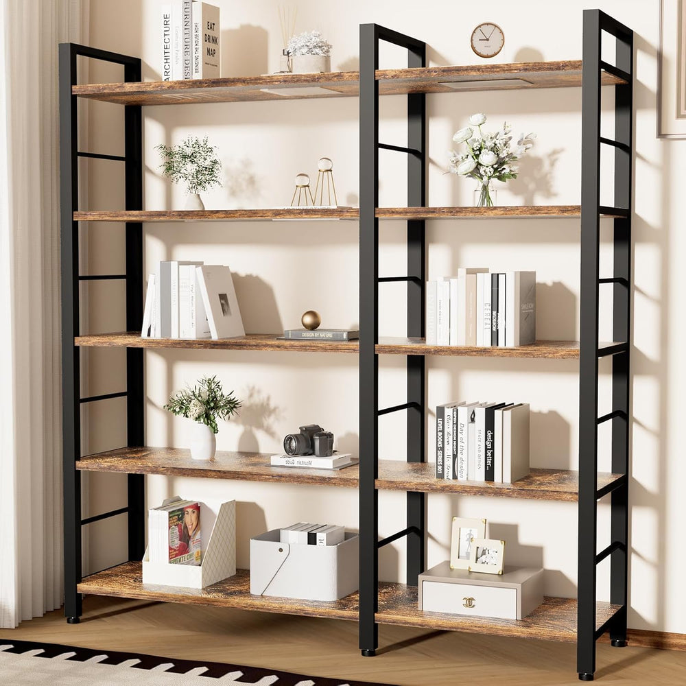 INNOD 65" X 50" Straight Wide 5 Tier Bookshelf with LED Light, L Sh...