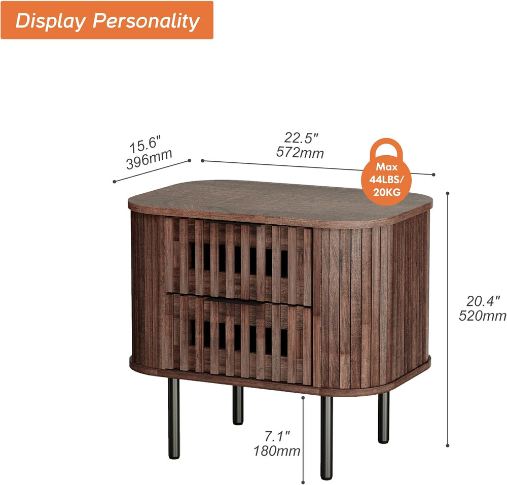 WAMPAT Fluted Nightstand, Modern Wooden End Table with 2 Drawer, Storage Beds...