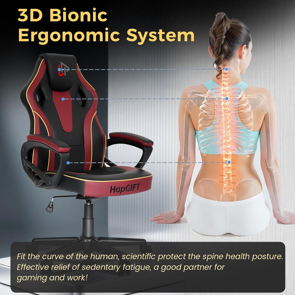 HapGIFT Computer Chair, Racing Style Gaming Chair with Link Armrest, Ergonomic PC Office Chairs for Adults Teens, Height Adjustable Video Game Chairs for Home, Swivel PC Chair, 300lbs (BLACK RED)