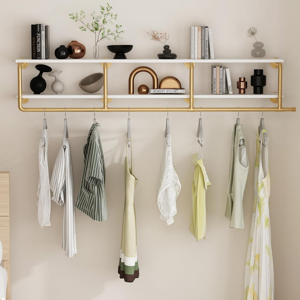ORSENIGO Industrial Pipe Clothing Rack with Shelves, Gold Wall Mounted Clothes Rack for Home Retail