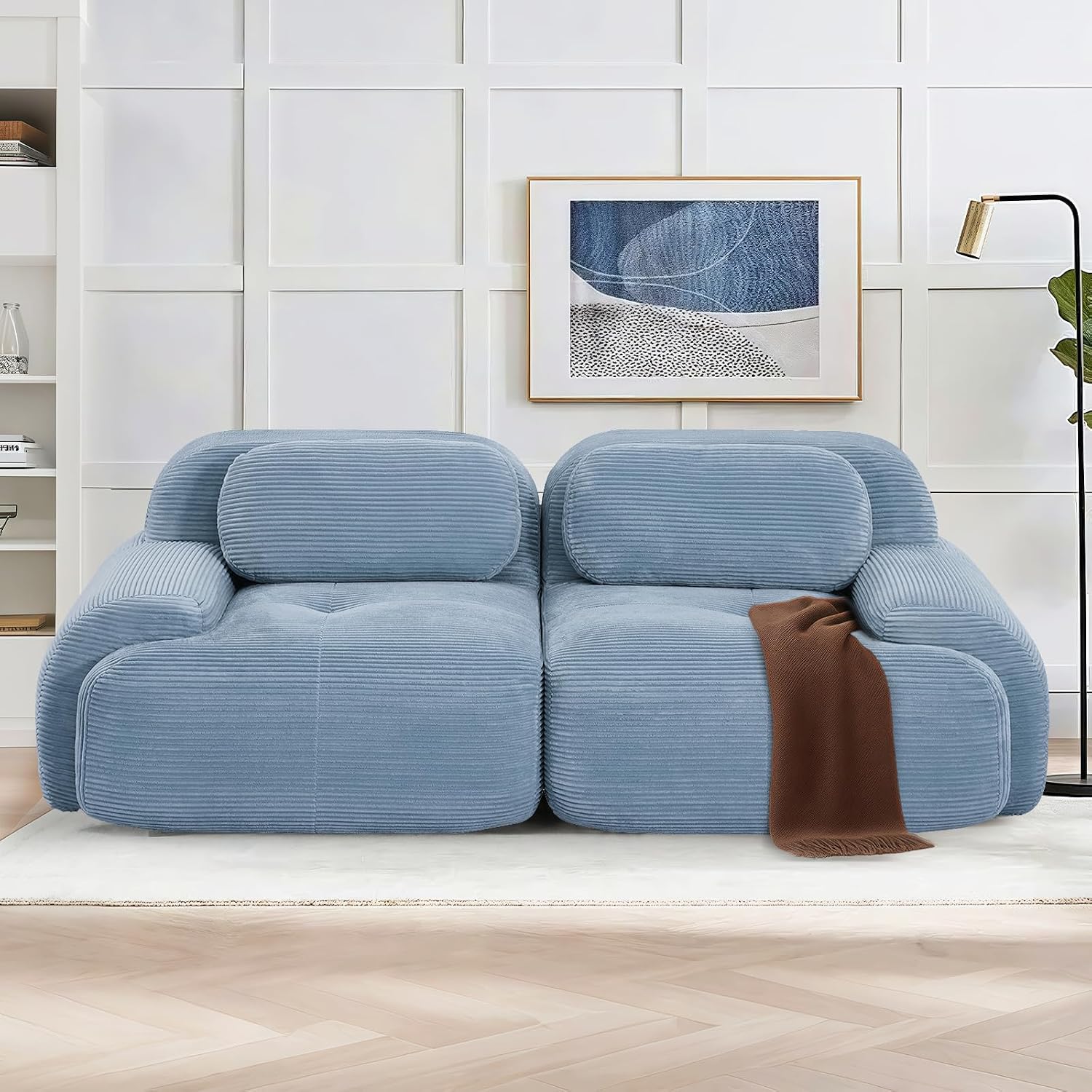 81" Loveseat Sofa, Comfy Deep Seat, No Assembly, Sofa in a Box, Modern Small Couch with Plush Corduroy Fabric for Living Room, Bedroom, Apartment, Home Office, Blue