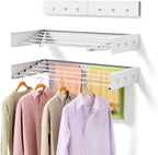 ZMBESUP Upgrade Wall Mounted Drying Rack with 6 Hooks, 31.5" Foldable Laundry Rack, 5 Rods & Hooks Space Saver for Bathroom, Collapsible Clothing Rack with Template for Indoor Outdoor (White)