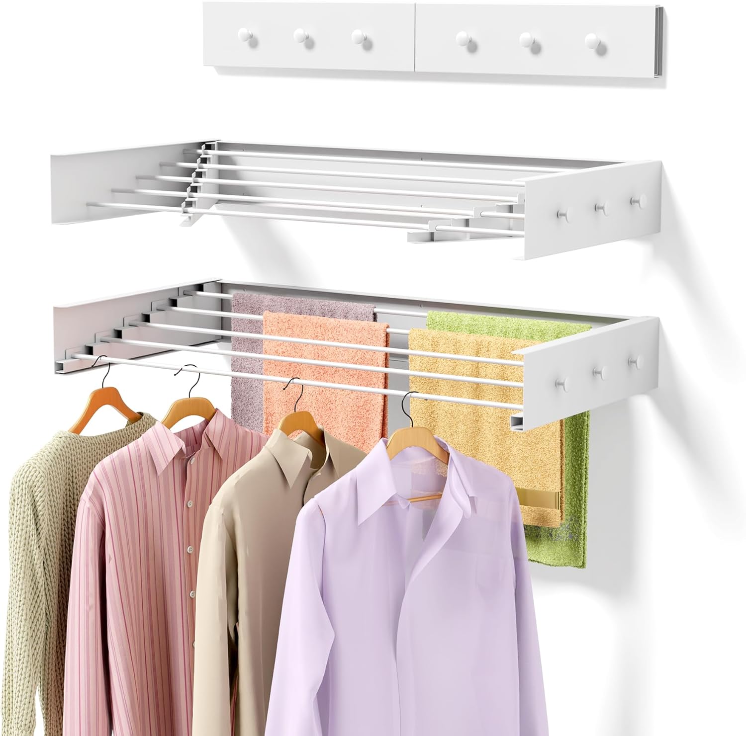 ZMBESUP Upgrade Wall Mounted Drying Rack with 6 Hooks, 31.5" Foldable Laundry Rack, 5 Rods & Hooks Space Saver for Bathroom, Collapsible Clothing Rack with Template for Indoor Outdoor (White)