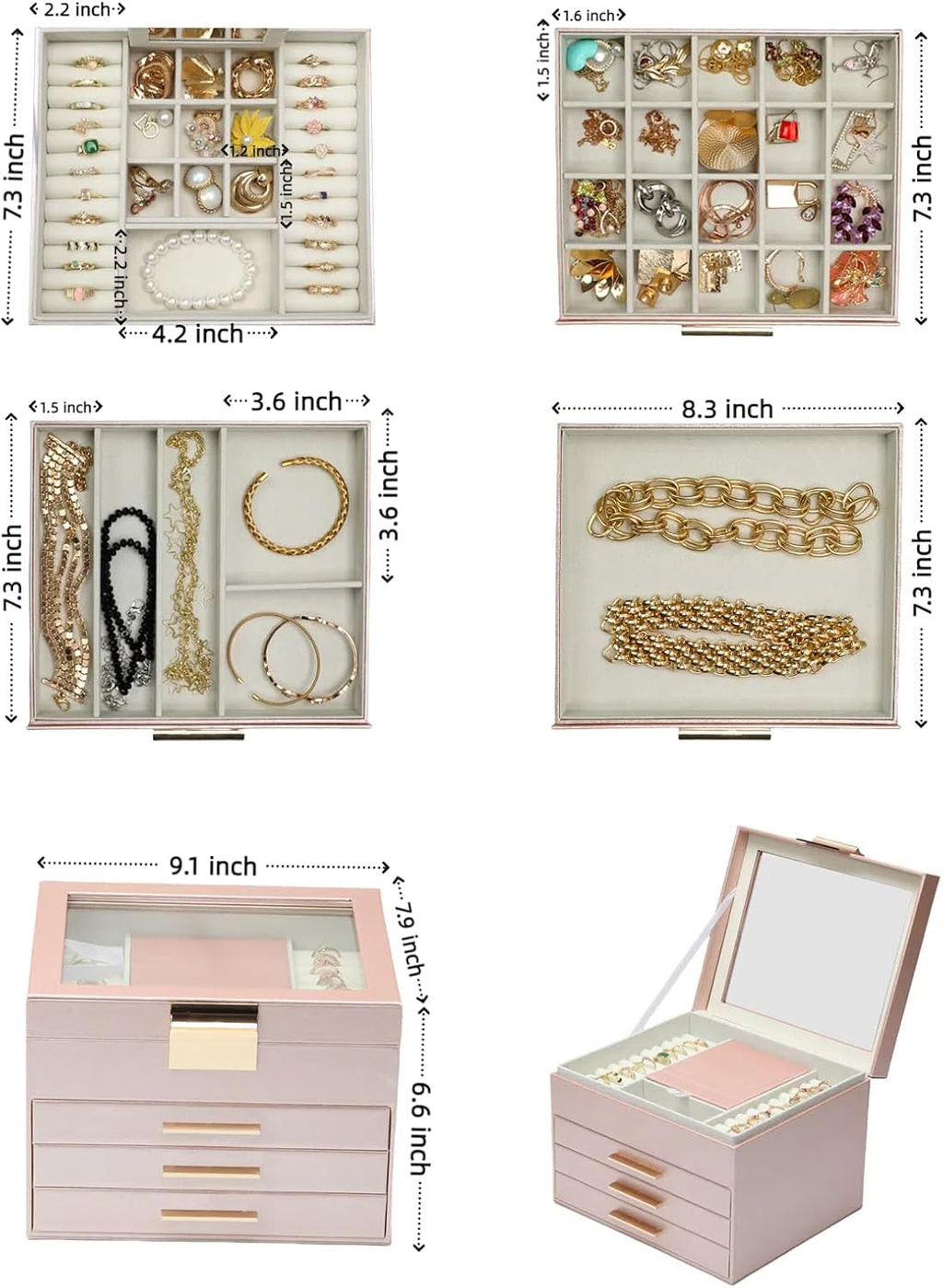 BOOVO Clear Lid Jewelry Box,3 Layers Jewelry Organizer Large Jewelry Storage Box with 2 Drawers,Jewelry Holder Organzier of Rings Earrings Necklace Bracelets for Women (Rose Gold, 4 Layer)