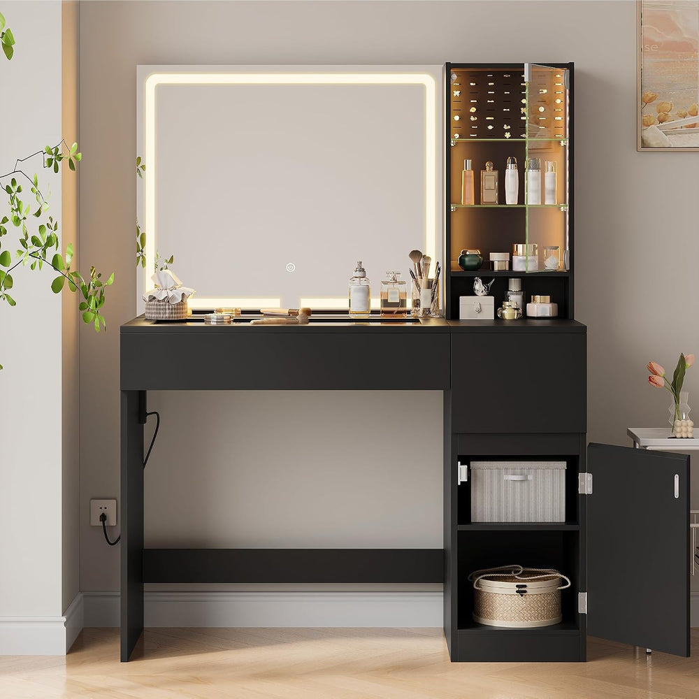 wanan Vanity with Glass Top, Black Vanity Desk with Mirror and Lights, Jewelr...