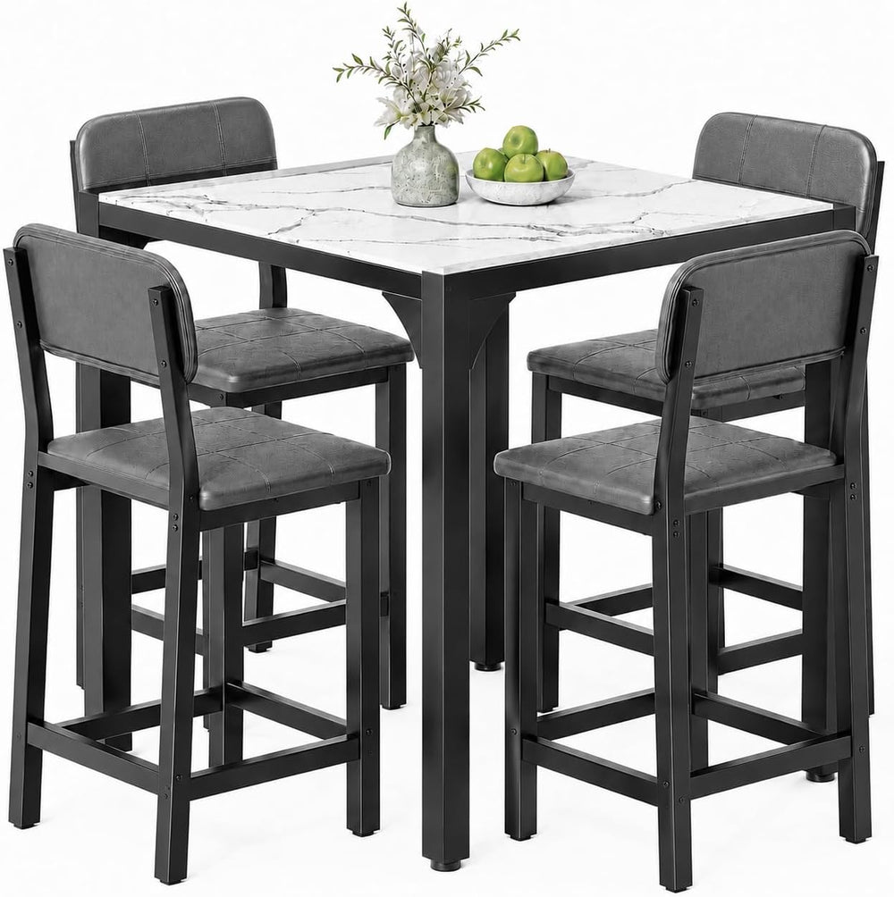 XIAO WEI 5-Piece Counter Height Dining Table Set for 4, Marble-Look, Grey
