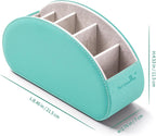 BONNY DODO Remote Control Holders Organizer Box with 5 Compartment PU Leather Multi-functional Office Desk Storage Caddy Store Tv Remote for Media Player,Brush,Pencil,Glassees&Office Supplies (Cyan)
