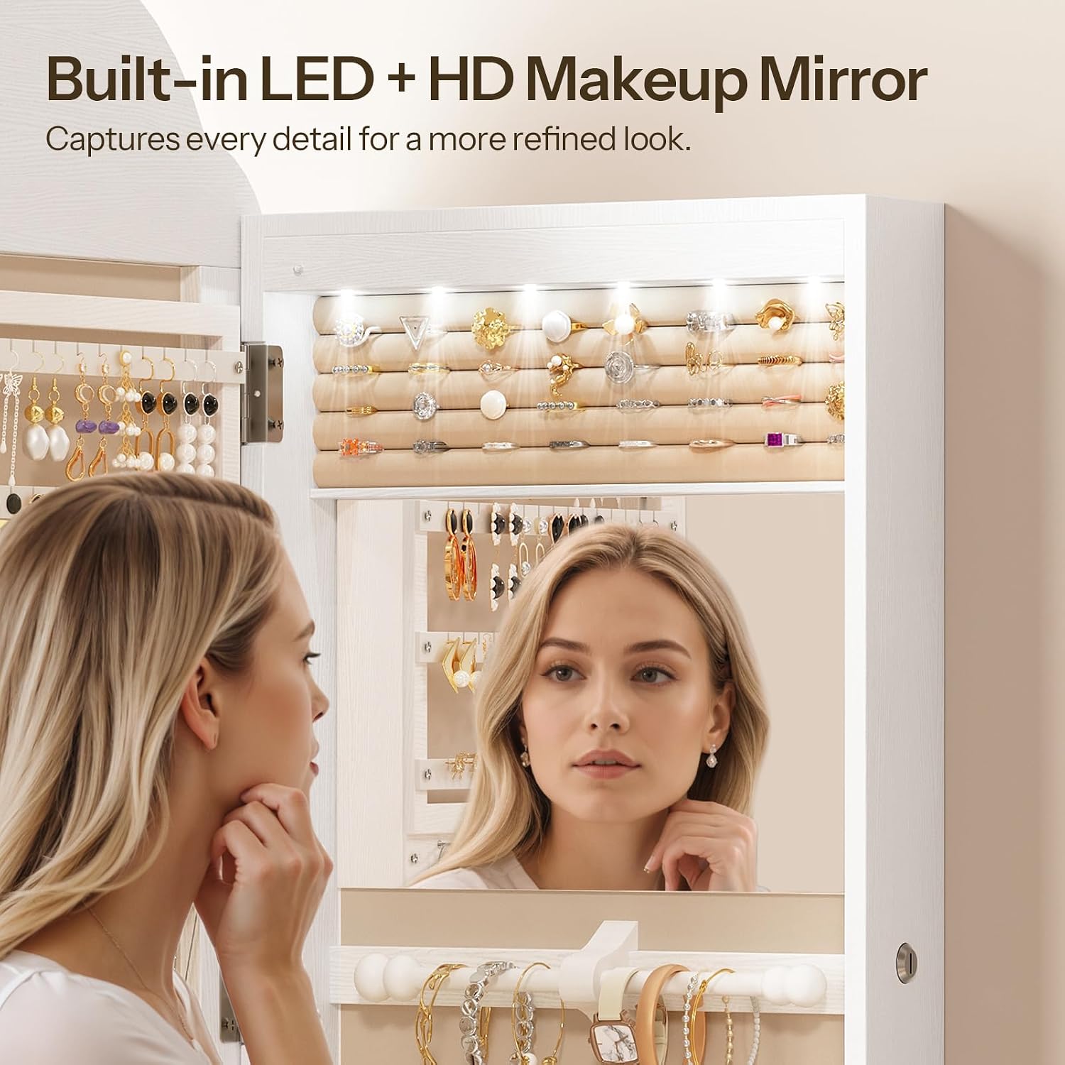 HOOBRO Jewelry Cabinet Wall/Door Mounted, LED Jewelry Organizer, Lockable | Jewelry Armoire, Hanging Jewelry Cabinet with Storage, Wide Full Length Mirror, 4.1 x 16.5 x 42.5 Inches, White