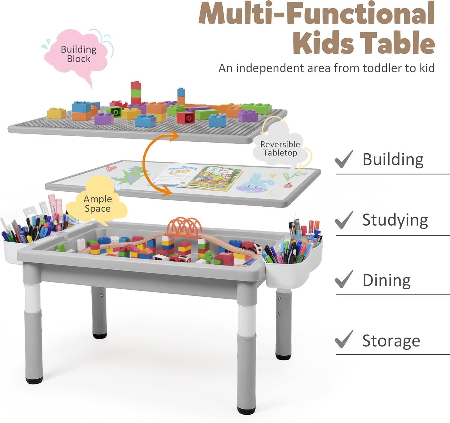 Kids Table and Chairs Set Large Storage, Height Adjustable Toddler Activity Table and 2 Chairs Set, 34.6x24.8" Graffiti/Block Building Desktop, 4 Side Boxes, Kids desk for Home, Preschool, Classroom