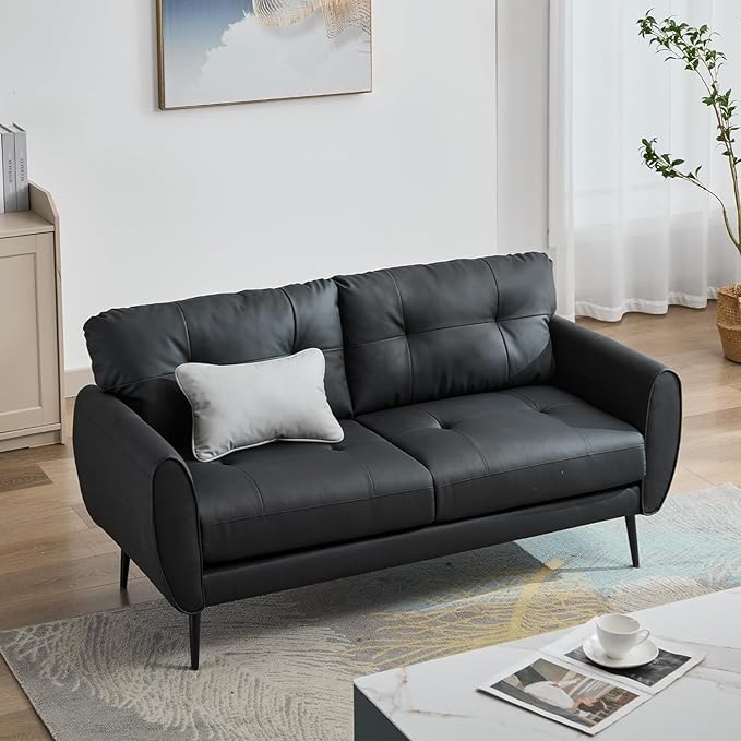 TYBOATLE Sofa Couch 61" Small Loveseat Couches for Living Room, Black Faux Leather Couch Mid Century Modern Tufted Mini Sofa Comfy Office 2 Seat Settee Love Seat Couches for Small Spaces Bedroom