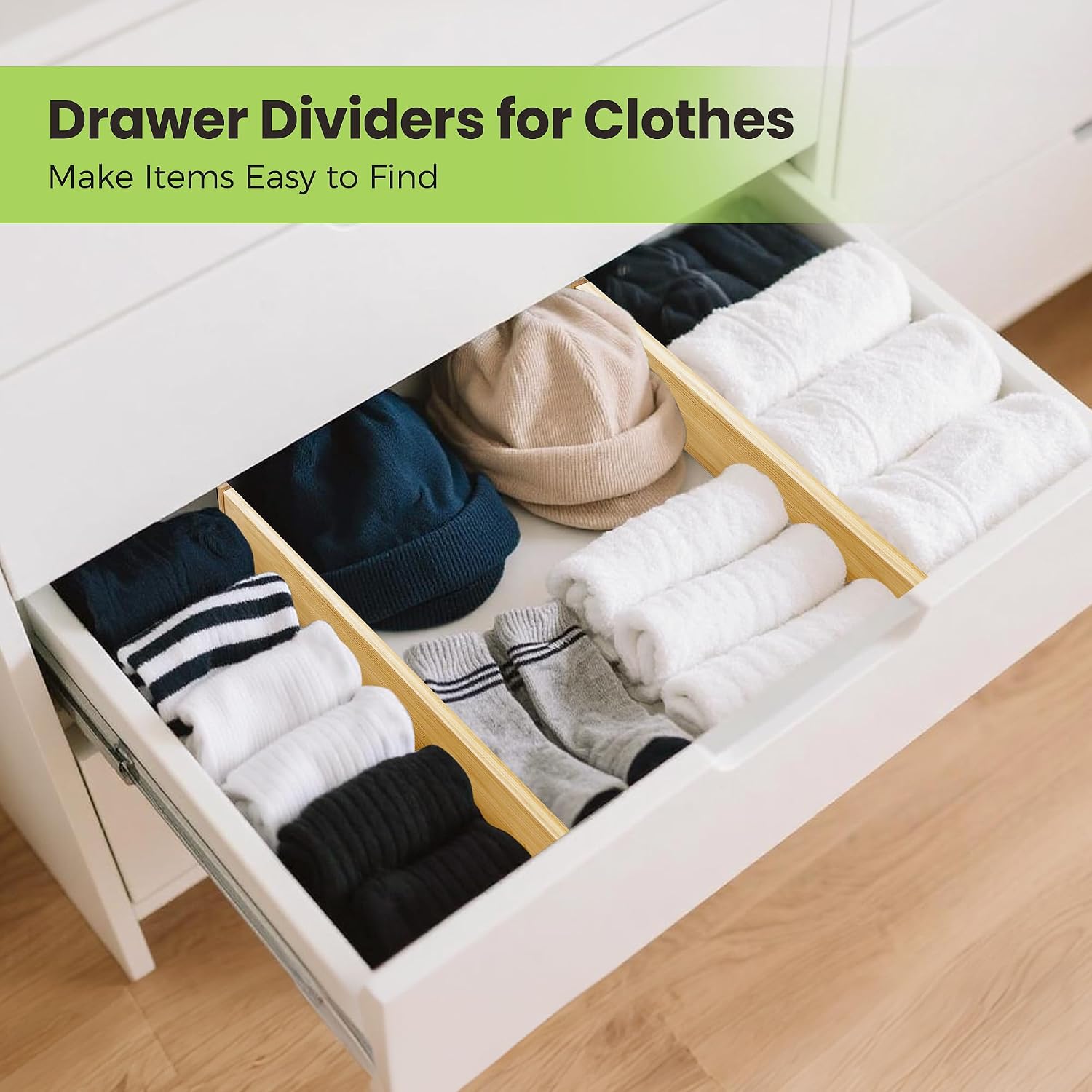 Fyvva Drawer Divider, Adjustable Bamboo Kitchen Drawer Organizer, Spring Loaded Drawer Organizer, Dresser Separators for Kitchen, Bathroom, Clothes, Office Desk Storage (Natural, 4 Pack Large)