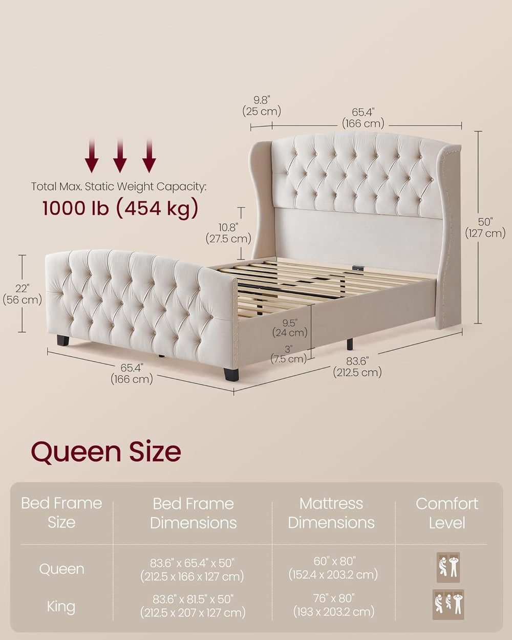VASAGLE Queen Platform Bed Frame, Upholstered, Wooden Slats