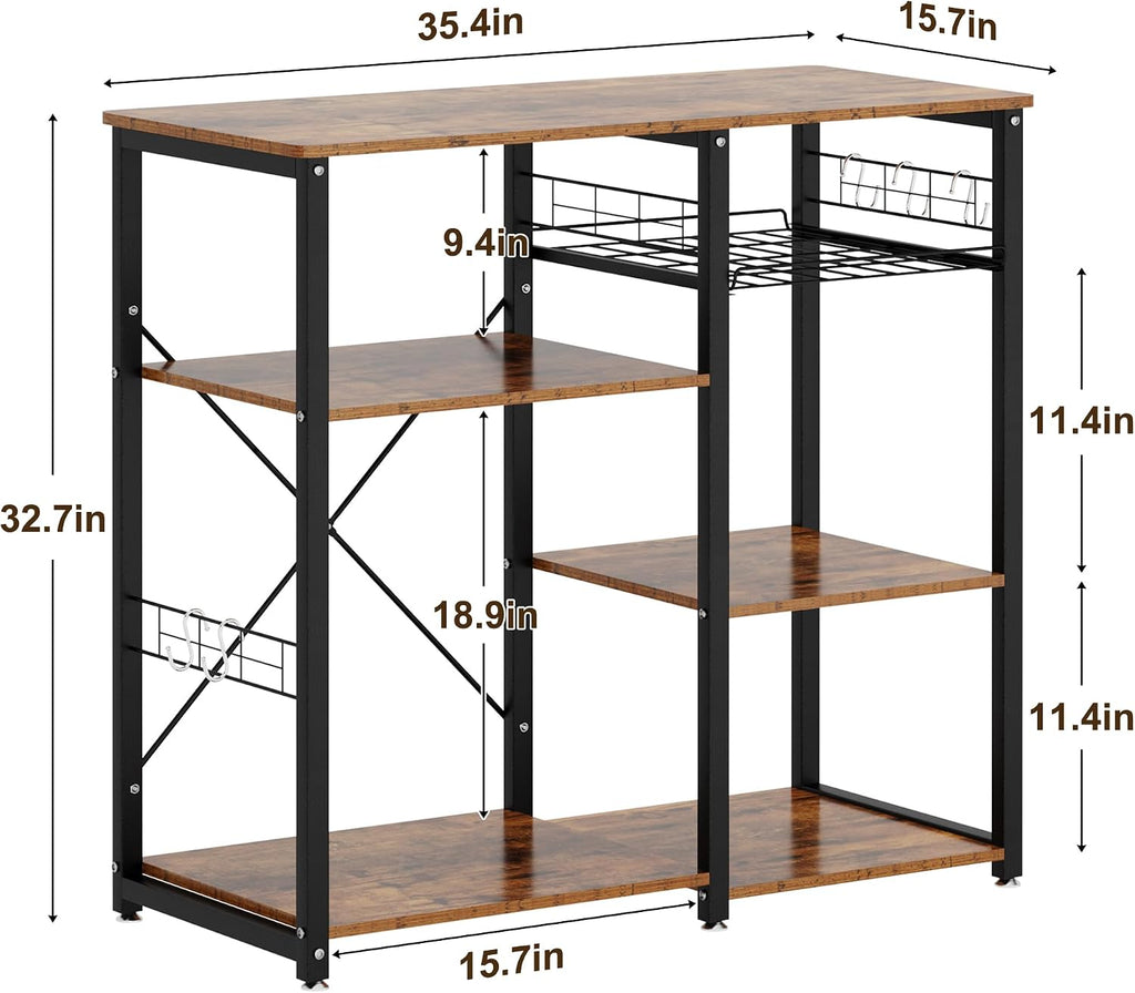 soges 3-Tier Kitchen Baker's Rack, Compact Microwave Stand, Rustic Brown | Space-saving for Apartments, Kitchen, Pantry, Living Room, Sliding Storage Basket, 5 Hooks, Sturdy X-Frame, Easy Assembly